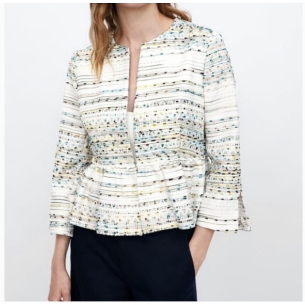 Zara Basic White Multi-Color Tweed‎ Peplum Jacket Open Front Blazer XS